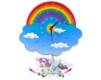 May include: A colorful rainbow clock with a white cloud and a unicorn hanging from it. The clock face has a rainbow background and the numbers 1 through 12 are printed in black.