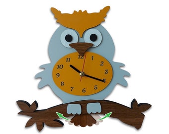Reloj de pared con péndulo de búho, reloj analógico infantil, reloj de búho, reloj de pared infantil silencioso con forma de animalito de madera, regalo para niños