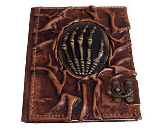 Skeleton Hand Figured Genuine Leather Notebook Diary Book, Handmade Journal, 7 x 5,5 Inches, Gift Valentines,  Chamois Paper, Hardcover