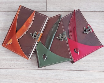 Leather Notebook Feather Figured Leather Covered Pen 9x6.7 In  Genuine Leather Handmade Diary Journal Book Pen Holder College Poetry Sketch
