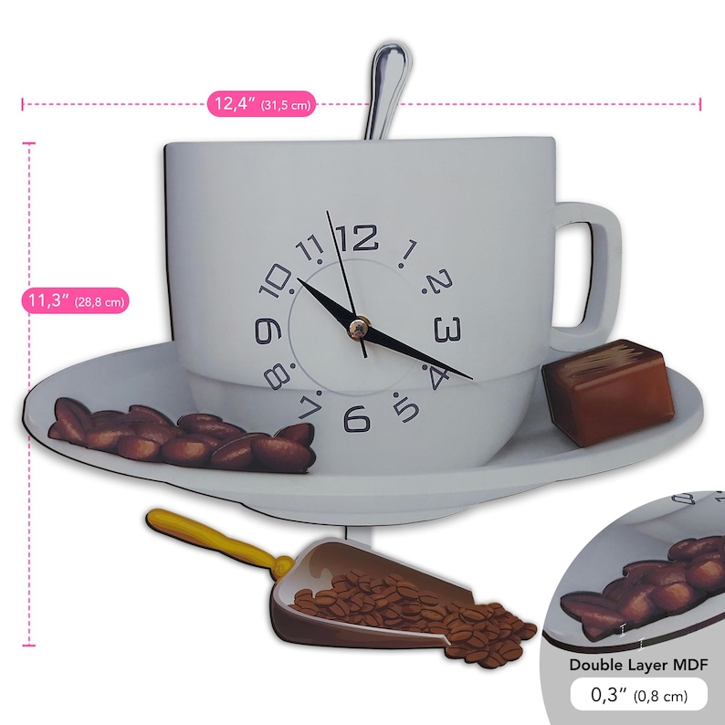 Coffee Cup Swinging Wall Clock, Kitchen Pendulum Wall Clock, Cafe Kitchen Wall Decor, 3D Wooden Wall Clock, Decorative Wall Clock. image 12