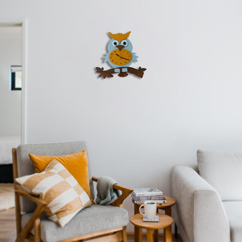 Swinging Tail Owl Wall Clock, Kids Wooden Silent Clock image 13