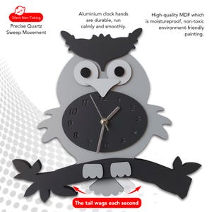 Swinging Tail Owl Wall Clock, Kids Wooden Silent Clock Gray Owl