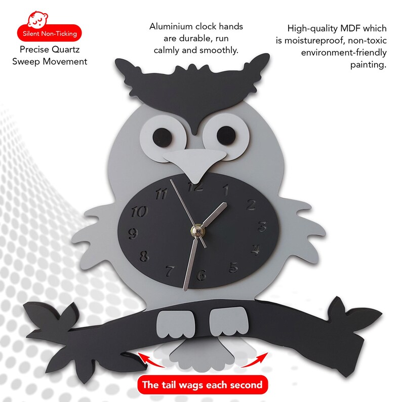 Swinging Tail Owl Wall Clock, Kids Wooden Silent Clock Gray Owl