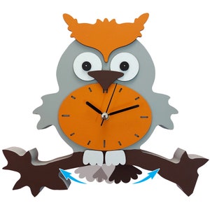 Owl Pendulum Wall Clock, Kids Analog Clock, Owl Clock, Kids Children Wall Clocks Bedroom Silent Cute Animal Wooden Clock, Gift for Kids Orange-Thick Owl