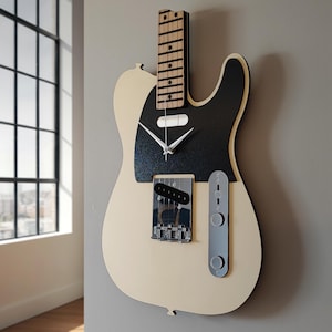 Telecaster Guitar Wall Clock Cream Black Personalized Custom Name Handmade Musician Gift