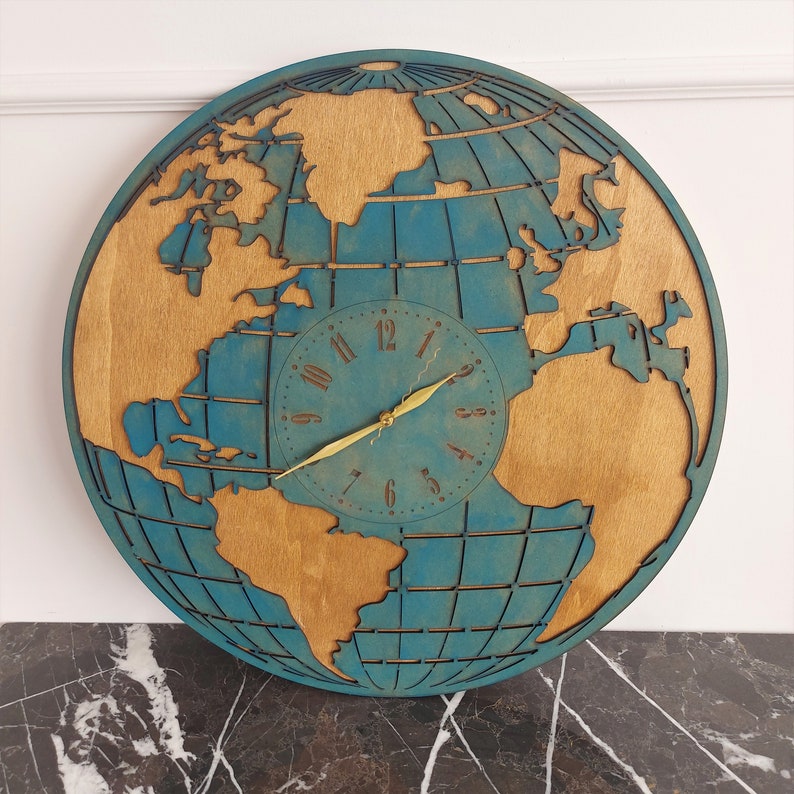 World Map Wall Clock Large Wooden Wall Clock 20 Inches 50 Cm Etsy