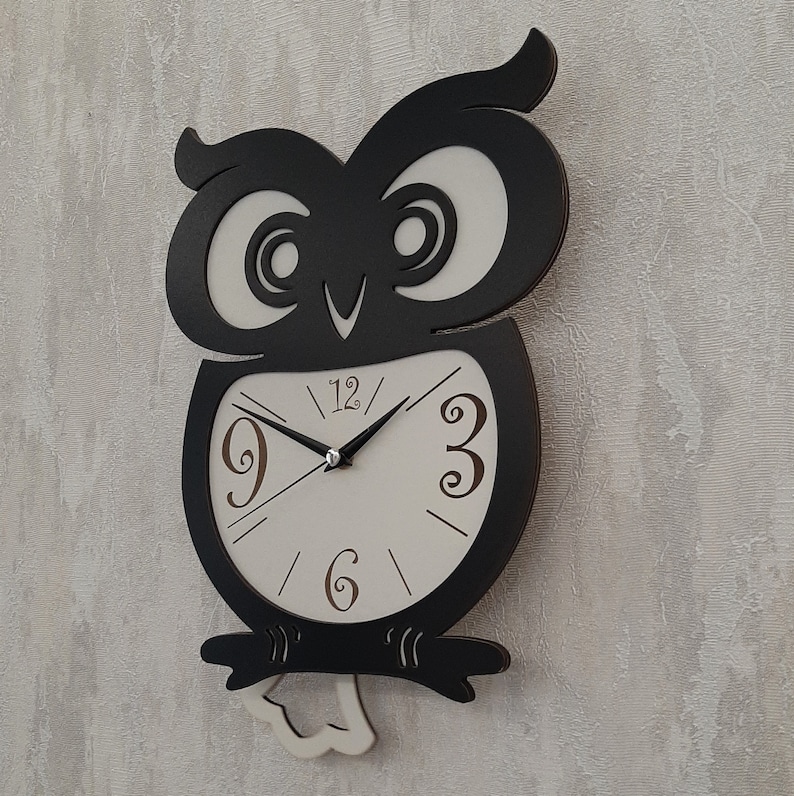 Owl Pendulum Wall Clock, Kids Analog Clock, Owl Clock, Kids Children Wall Clocks Bedroom Silent Cute Animal Wooden Clock, Gift for Kids image 4