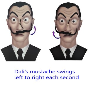 May include: A clock featuring a black and white portrait of Salvador Dali. The clock's hands are positioned at 12:00, and Dali's mustache swings left to right every second.
