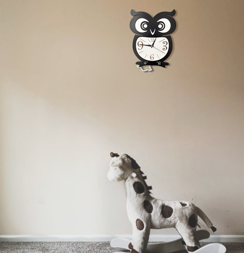 Owl Pendulum Wall Clock, Kids Analog Clock, Owl Clock, Kids Children Wall Clocks Bedroom Silent Cute Animal Wooden Clock, Gift for Kids image 6
