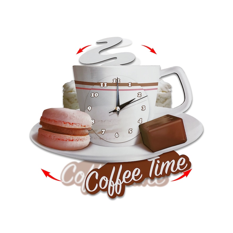 May include: A white coffee cup with a clock face on the front. The clock face has black hands and black numbers. The cup is on a white saucer with a pink macaron, a brown chocolate bar, and a white swirl of steam. The text 'Coffee Time' is written in brown cursive below the cup and saucer.