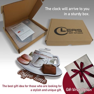 May include: A white coffee cup with steam coming out of it, a chocolate bar, and two pink macarons on a white saucer. The clock face is visible with black hands and Roman numerals. The words "Coffee Time" are written in brown letters on a brown background. The words "LERIS ART STUDIO" are visible on a brown box.