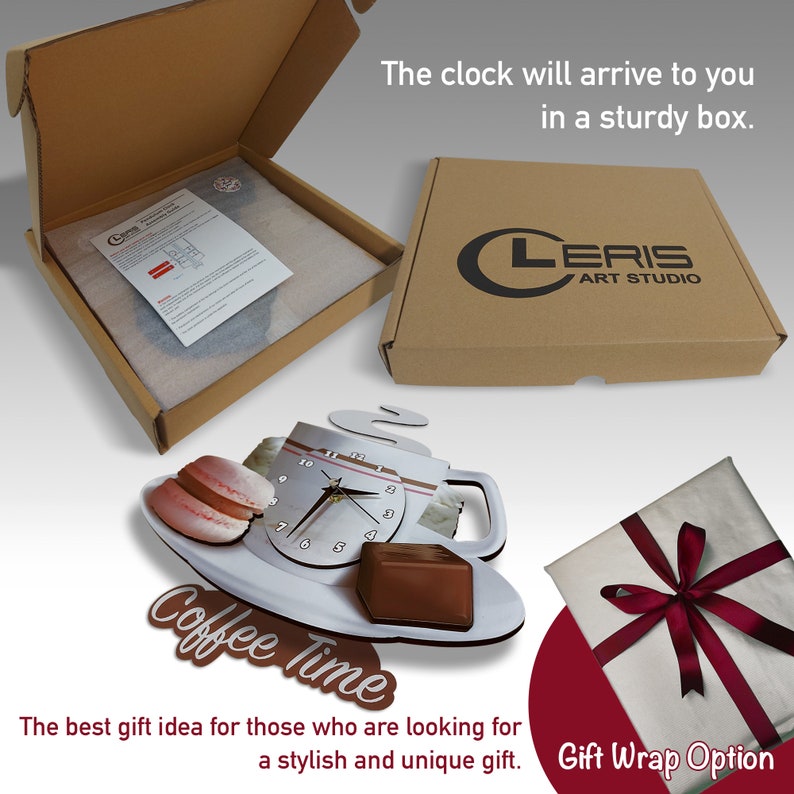 May include: A white coffee cup with steam coming out of it, a chocolate bar, and two pink macarons on a white saucer. The clock face is visible with black hands and Roman numerals. The words "Coffee Time" are written in brown letters on a brown background. The words "LERIS ART STUDIO" are visible on a brown box.