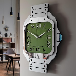 Luxury Green Dial Wall Clock Strap Design Roman Numeral Square Watch Inspired Silent Handmade MDF Modern Wall Decor Gift