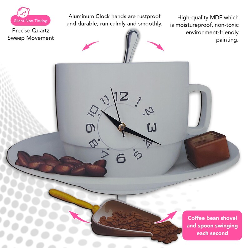 Coffee Cup Swinging Wall Clock, Kitchen Pendulum Wall Clock, Cafe Kitchen Wall Decor, 3D Wooden Wall Clock, Decorative Wall Clock. image 11
