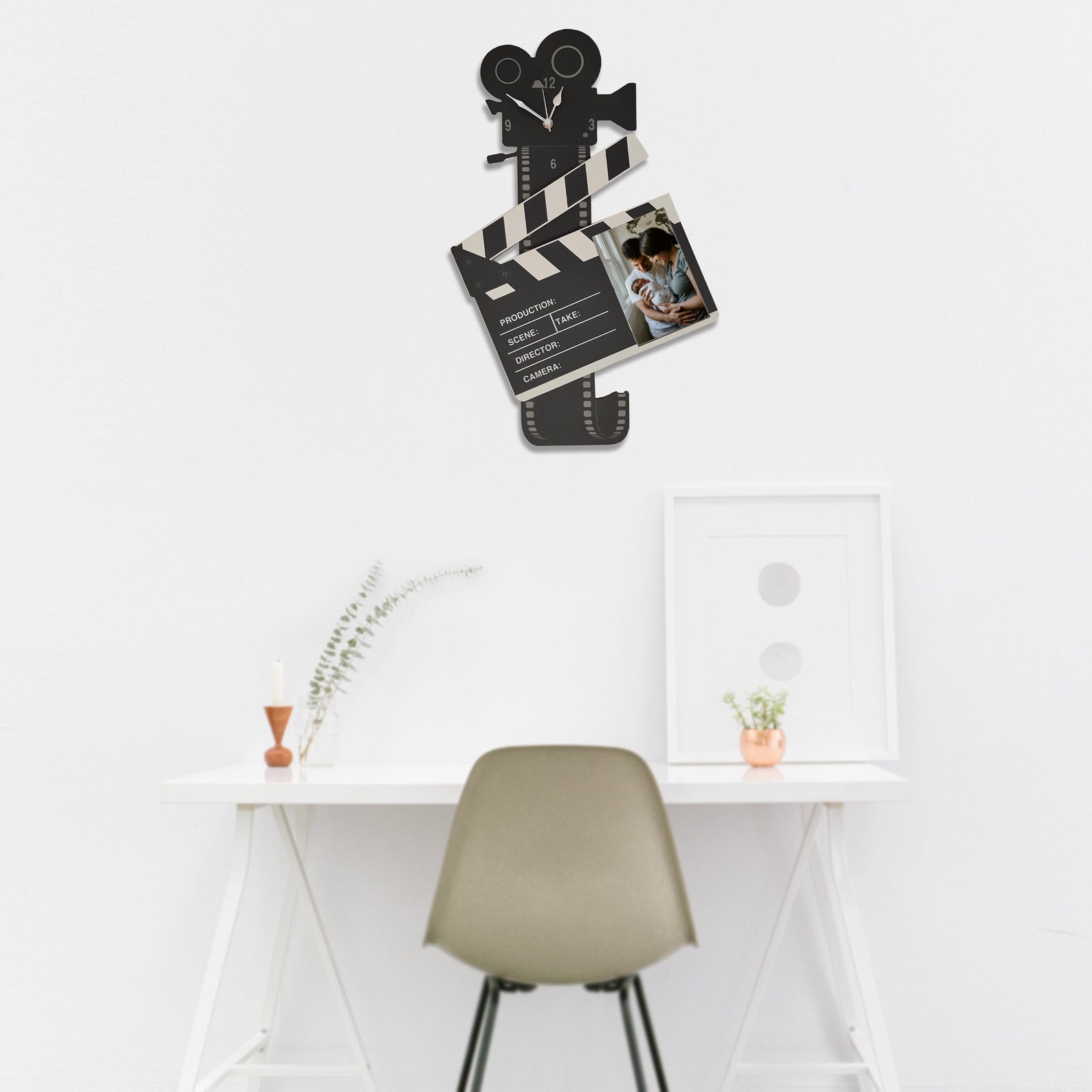 Clapper Clock Wall Clock Film Movie Clapboard With Photo Frame, Movie Film Clap Board ...
