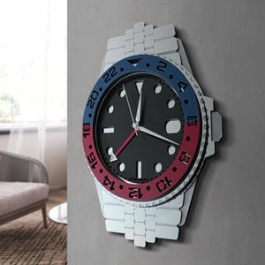 Handgjord lyxig väggklocka i klockstil, stor 3D-ljudlös analog klocka, modern blå och röd heminredning, träklocka med armbandsursutseende