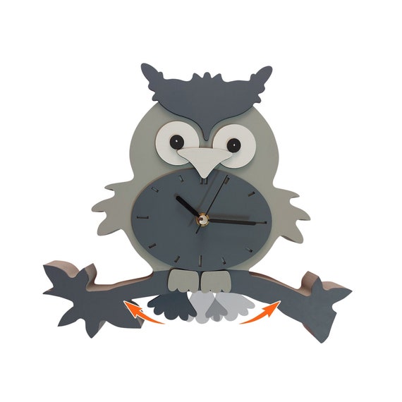 Owl Swinging Tail Wall Clock, Kids Analog Clock, Owl Clock, Kids Children Wall Clocks Bedroom Silent Cute Animal Wooden Clock, Gift for Kids