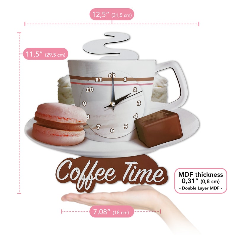 May include: A white coffee cup with a clock face and steam coming from the top, a pink macaron, a chocolate bar, and the words "Coffee Time" in brown lettering. The clock face has black hands and black numbers. The cup is on a white saucer. The image is surrounded by a pink border with measurements in inches and centimeters.