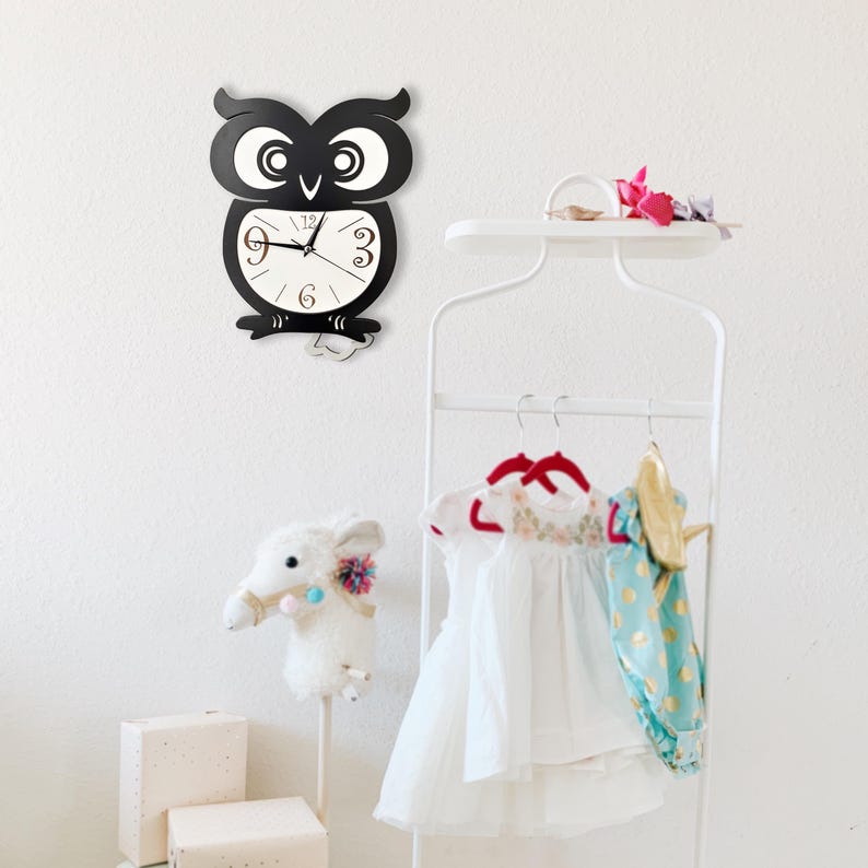 Swinging Tail Owl Wall Clock, Kids Wooden Silent Clock image 20