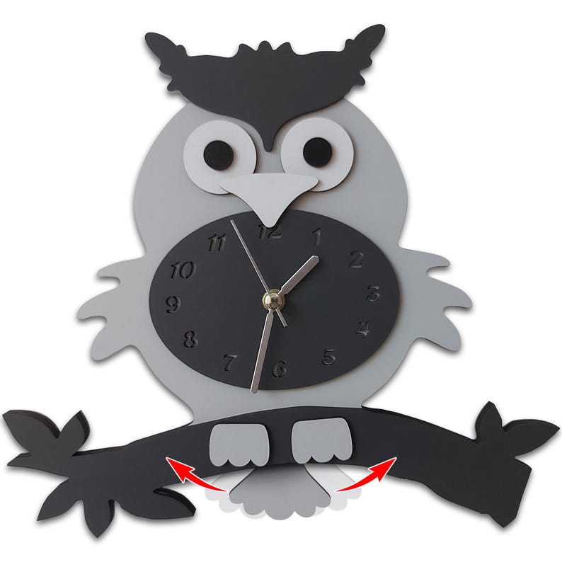 Swinging Tail Owl Wall Clock, Kids Wooden Silent Clock image 1