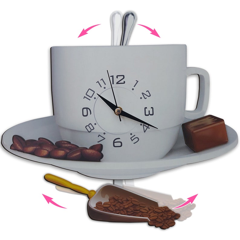 May include: A white coffee cup and saucer clock with a pendulum shaped like a coffee scoop filled with coffee beans. The clock face has black numbers and hands. A small chocolate bar is on the saucer.