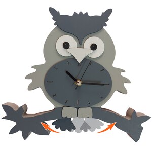 Owl Pendulum Wall Clock, Kids Analog Clock, Owl Clock, Kids Children Wall Clocks Bedroom Silent Cute Animal Wooden Clock, Gift for Kids Gray-Thick Owl