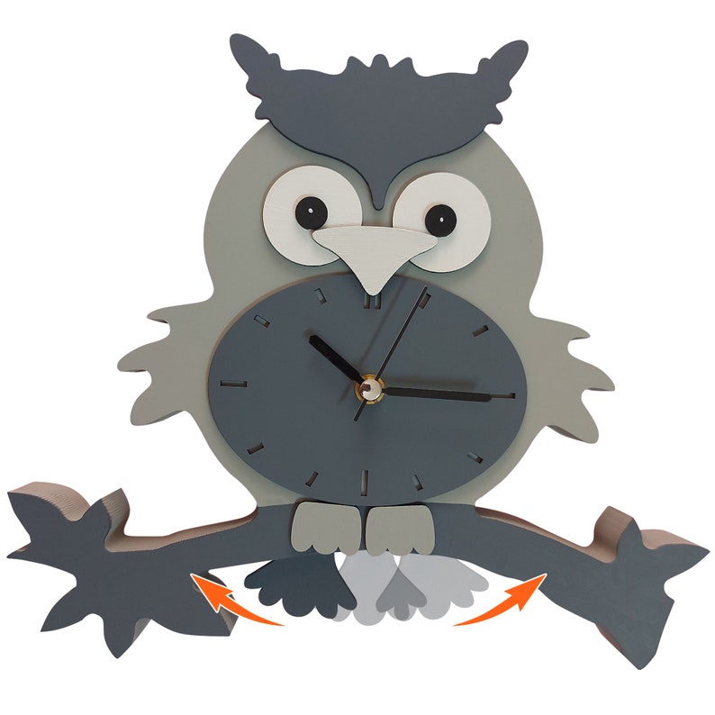 Owl Pendulum Wall Clock, Kids Analog Clock, Owl Clock, Kids Children Wall Clocks Bedroom Silent Cute Animal Wooden Clock, Gift for Kids Gray-Thick Owl