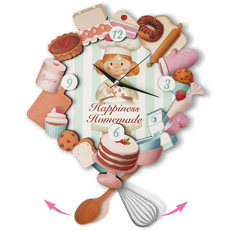 Coffee Cup Swinging Wall Clock, Kitchen Pendulum Wall Clock, Cafe Kitchen Wall Decor, 3D Wooden Wall Clock, Decorative Wall Clock. Happiness Homemade