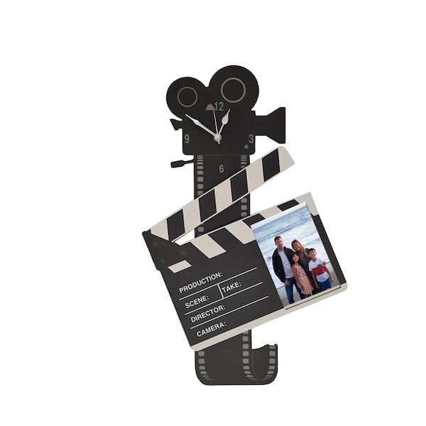 Wall Clock Film Movie Clapboard with Photo Frame, Movie Film Clap Board Clock, Theater Décor, Hollywood Clapper Board, Photo Frame Clock