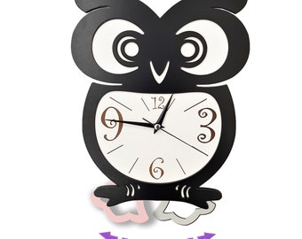 Owl Pendulum Wall Clock, Kids Analog Clock, Owl Clock, Kids Children Wall Clocks Bedroom Silent Cute Animal Wooden Clock, Gift for Kids