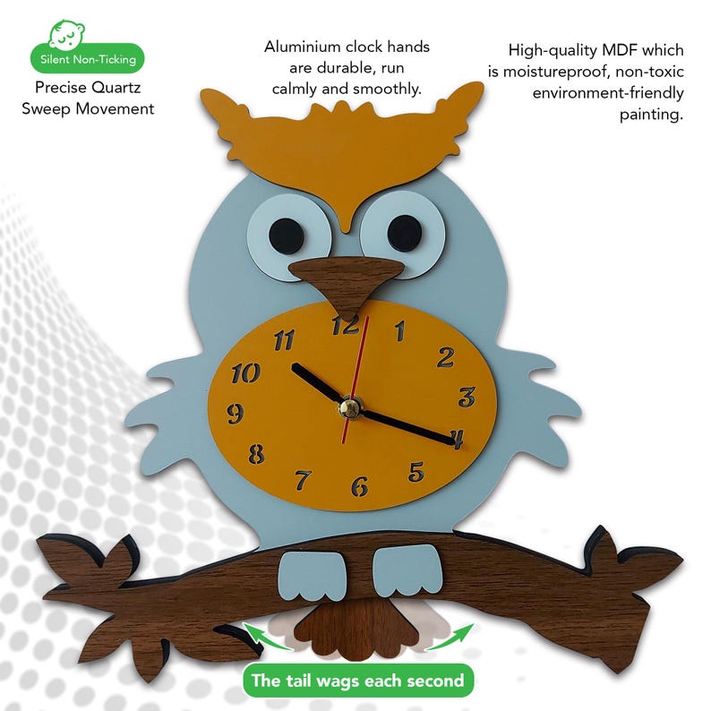 Swinging Tail Owl Wall Clock, Kids Wooden Silent Clock image 12