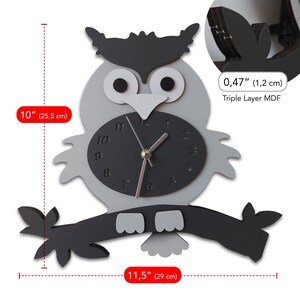 Swinging Tail Owl Wall Clock, Kids Wooden Silent Clock image 3