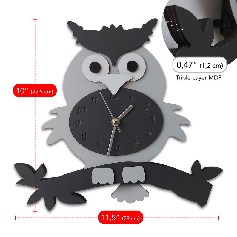 Swinging Tail Owl Wall Clock, Kids Wooden Silent Clock image 3