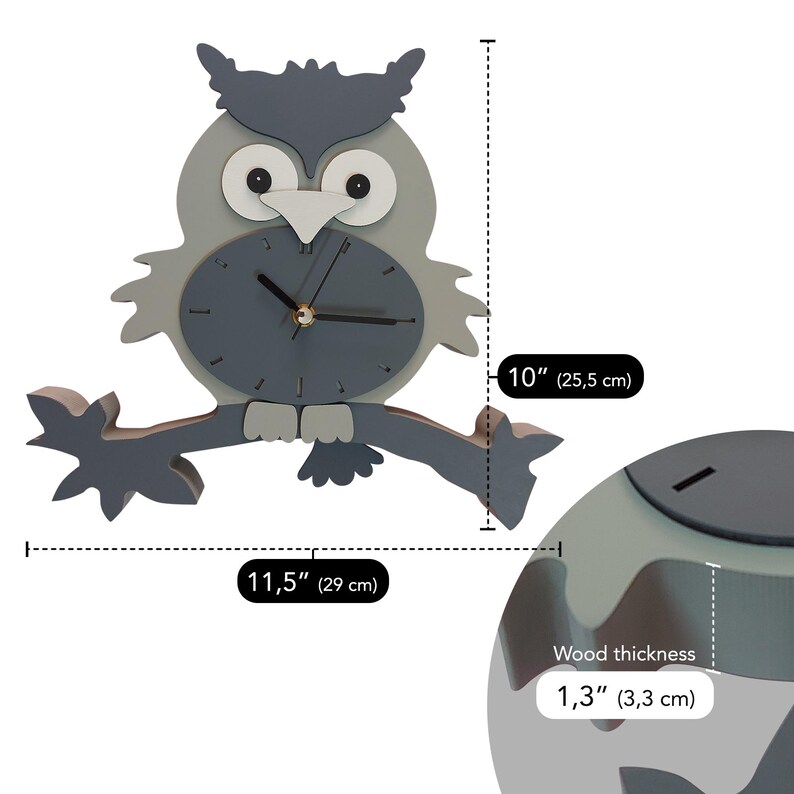 Swinging Tail Owl Wall Clock, Kids Wooden Silent Clock Gray Thick Owl