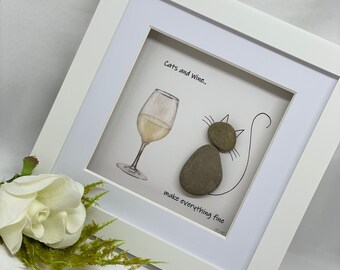 Cat Pebble Picture, Cat Lover Gift, Wine Lover, Pet Pictures, Cat Gift For Mum, Cat Gift For Dad