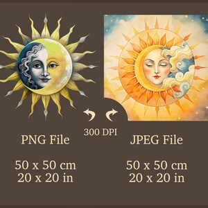Arte de Sol y Luna en Armonía, Archivos de Sublimación del Sol, PNG Imprimible de la Luna, Diseños Celestiales, Regalos Originales, Decoración Infantil, Ilustración Digital