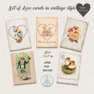 5 cartes d'amour, cartes romantiques de style vintage, cartes d'anniversaire, art oiseaux et fleurs, JPEG imprimable, carte coeur PDF