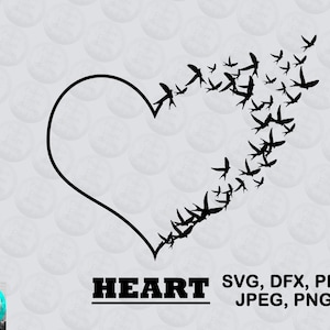 Coeur avec oiseaux DXF, fichier SVG, fichier cricut coeur liberté, fichier de coupe coeur numérique, amour design, Silhouette oiseaux PNG, art monochrome