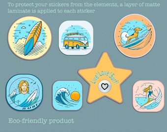 7x stickers pack, dog surfer sticker, girl surf stickers, ocean wave sticker, gift for surfer, water-resistant vinyl, one sheet per listing