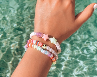 Preppy Bracelets | Smiley Face Bracelet | Rainbow Heishi Pearl Bracelet | Trendy Star White Bead Bracelet | Disc Beads | Funky Jewelry