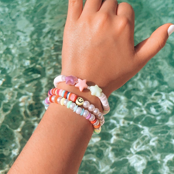 Preppy Bracelets | Smiley Face Bracelet | Rainbow Heishi Pearl Bracelet | Trendy Star White Bead Bracelet | Disc Beads | Funky Jewelry