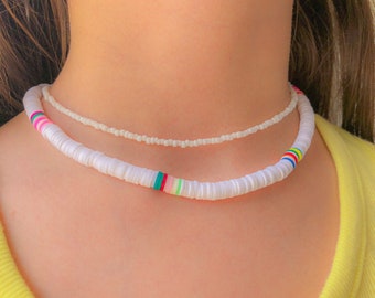 White Funky Heishi Bead Necklace | Preppy Jewelry | Beaded Necklaces