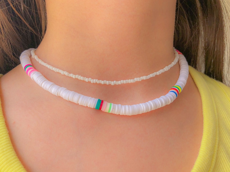 White Funky Heishi Bead Necklace Preppy Jewelry Beaded Etsy