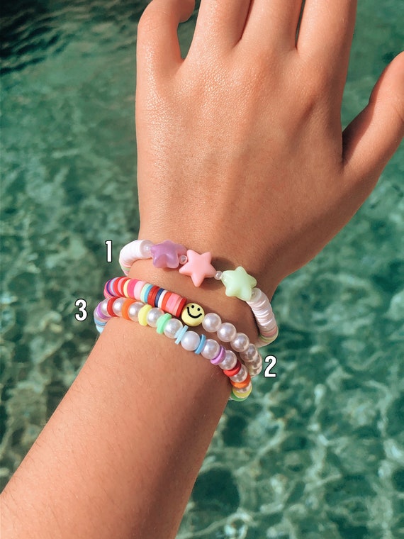 Preppy Bracelets | Smiley Face Bracelet | Rainbow Heishi Pearl Bracelet | Trendy Star White Bead Bracelet | Disc Beads | Funky Jewelry