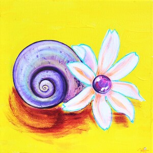 May include: A purple seashell with a white flower with a pink center on a yellow background.