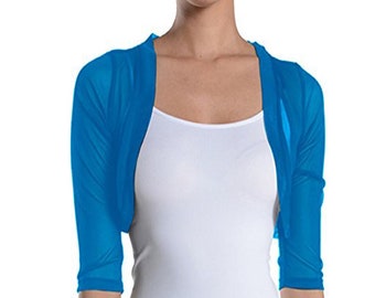 Türkis Blau Chiffon Bolero Shrug 3/4 Ärmel beschnitten offen Front Abendkleid Top Cover Wrap Cardigan/ Hochzeitskleid Boleros