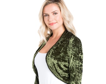 Women Long Sleeve Olive Collarless Opened Velvet Velour Bolero Shrug Cardigan Jacket Cropped Dress Top Cover