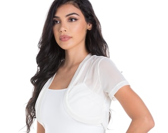 Off White Femmes En Mousseline De Soie Boléro Haussement D'épaules À Manches Courtes Recadrée Ouvert Devant Robe De Soirée Top Cover Wrap Cardigan / Robe De Mariée Boléros