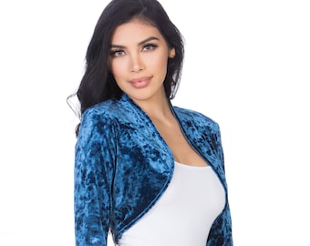 Fashion Secrets Women LOng Sleeve Collarless Opened Velvet Velour Bolero Shrug Cardigan Jacket Cropped Dress Top Blue